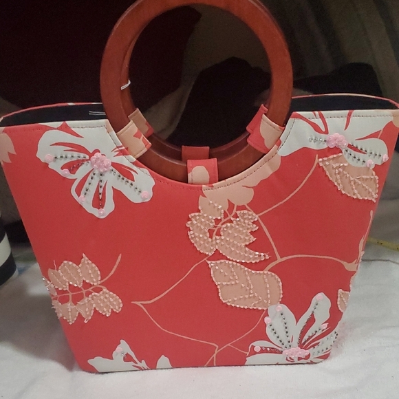 Pink and Brown Tropical Tote with Wooden Handles - Picture 1 of 8